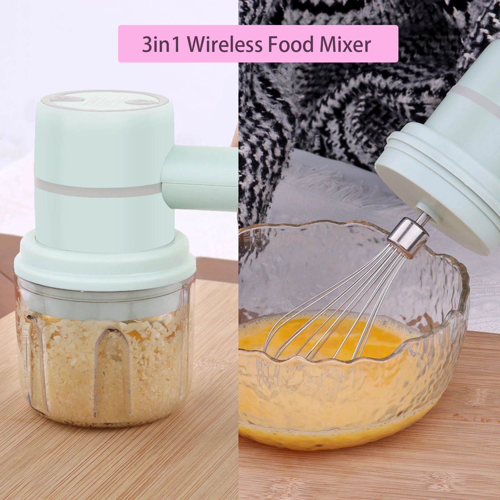 3in1 Wireless USB Garlic Chopper Egg Beater 3-Speed Control Waterproof with 2 Mixing Rods