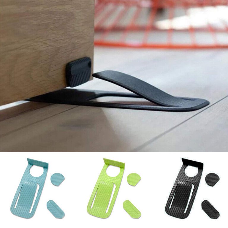 Collage image displaying an Innovative Door Stopper installed on a door and on the other side image displaying all color variants