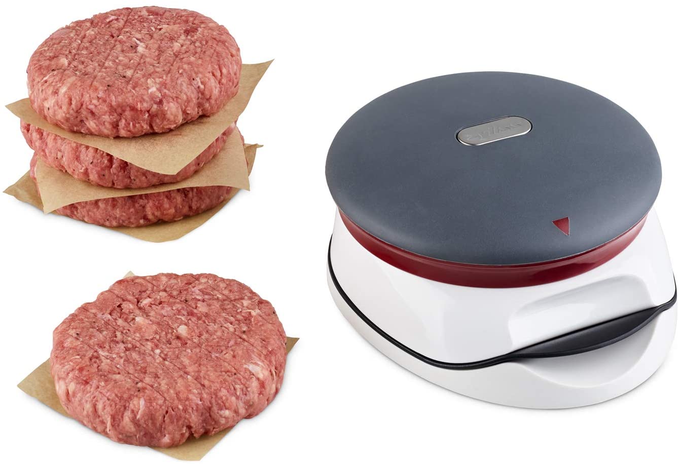 Hamburger Meat Presser placed into a stack of hamburgers