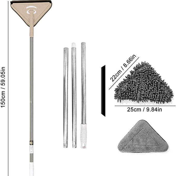 Triangular Deep Cleaning Mop 360° Rotating, Long Extension Pole, 2 Pads Wiper Blade