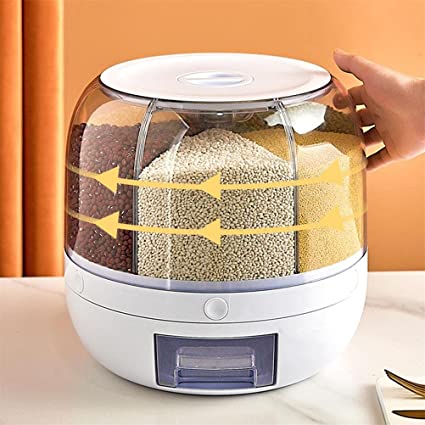 Rotating Rice Dispenser 6-Grids Rice Cereal Grains Storage Container, One-Click Rice Output