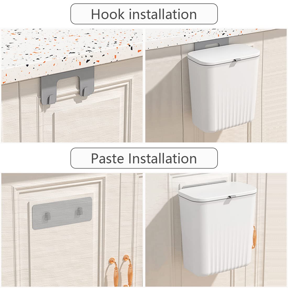 The 9L Trash Can Wall Mounted Hanging Bin for the Kitchen Cabinet Door has a different type of installation