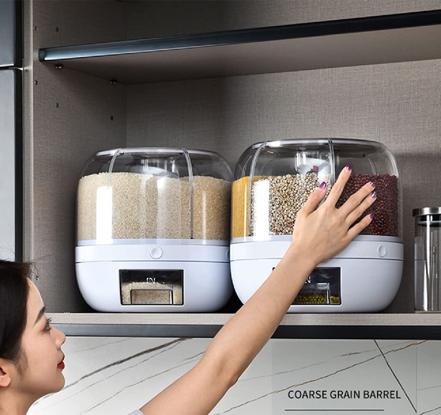 Rotating Rice Dispenser 6-Grids Rice Cereal Grains Storage Container, One-Click Rice Output