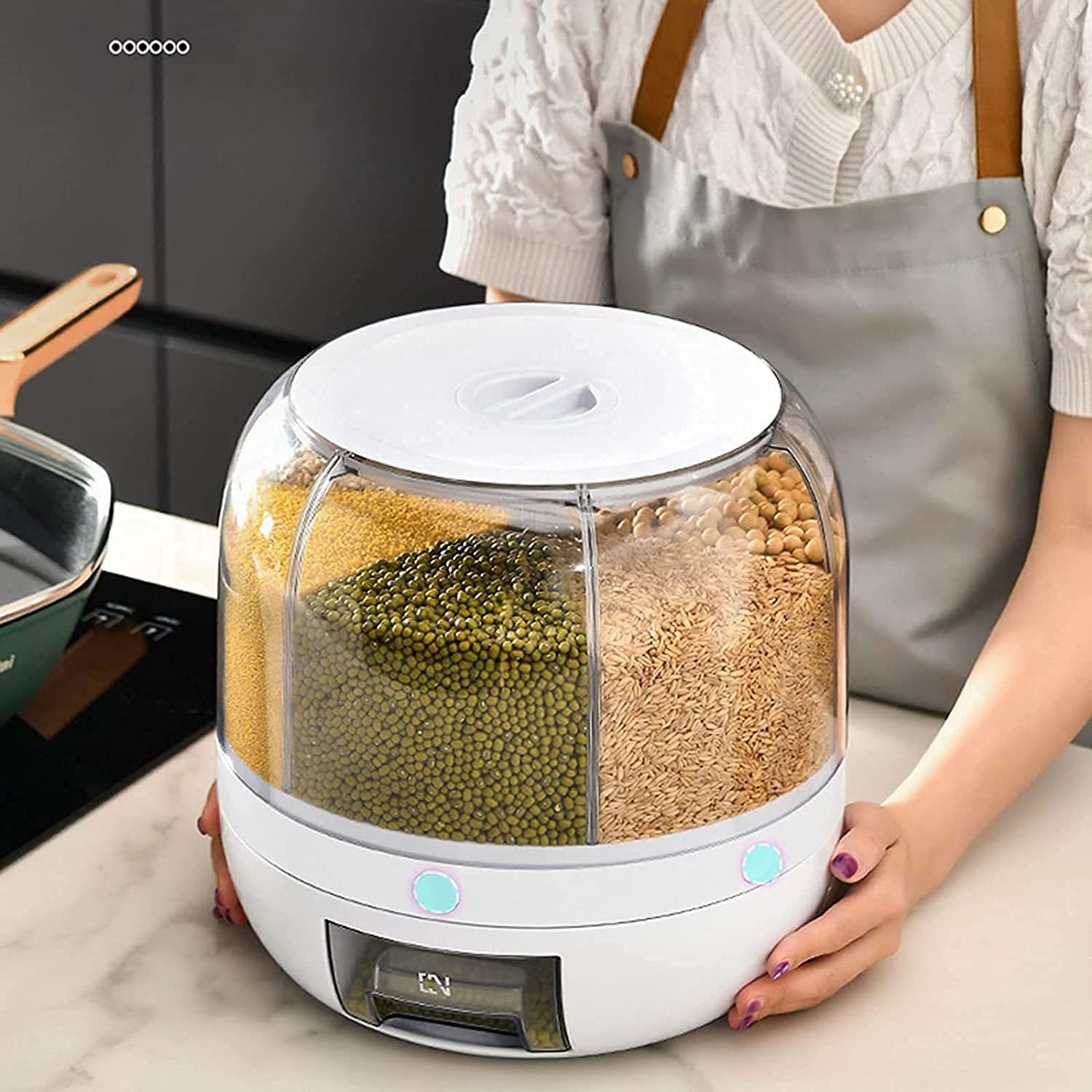 Rotating Rice Dispenser 6-Grids Rice Cereal Grains Storage Container, One-Click Rice Output