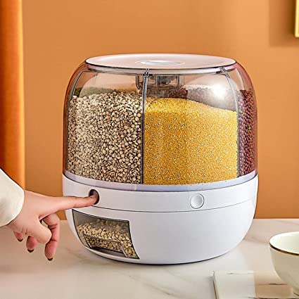 Rotating Rice Dispenser 6-Grids Rice Cereal Grains Storage Container, One-Click Rice Output
