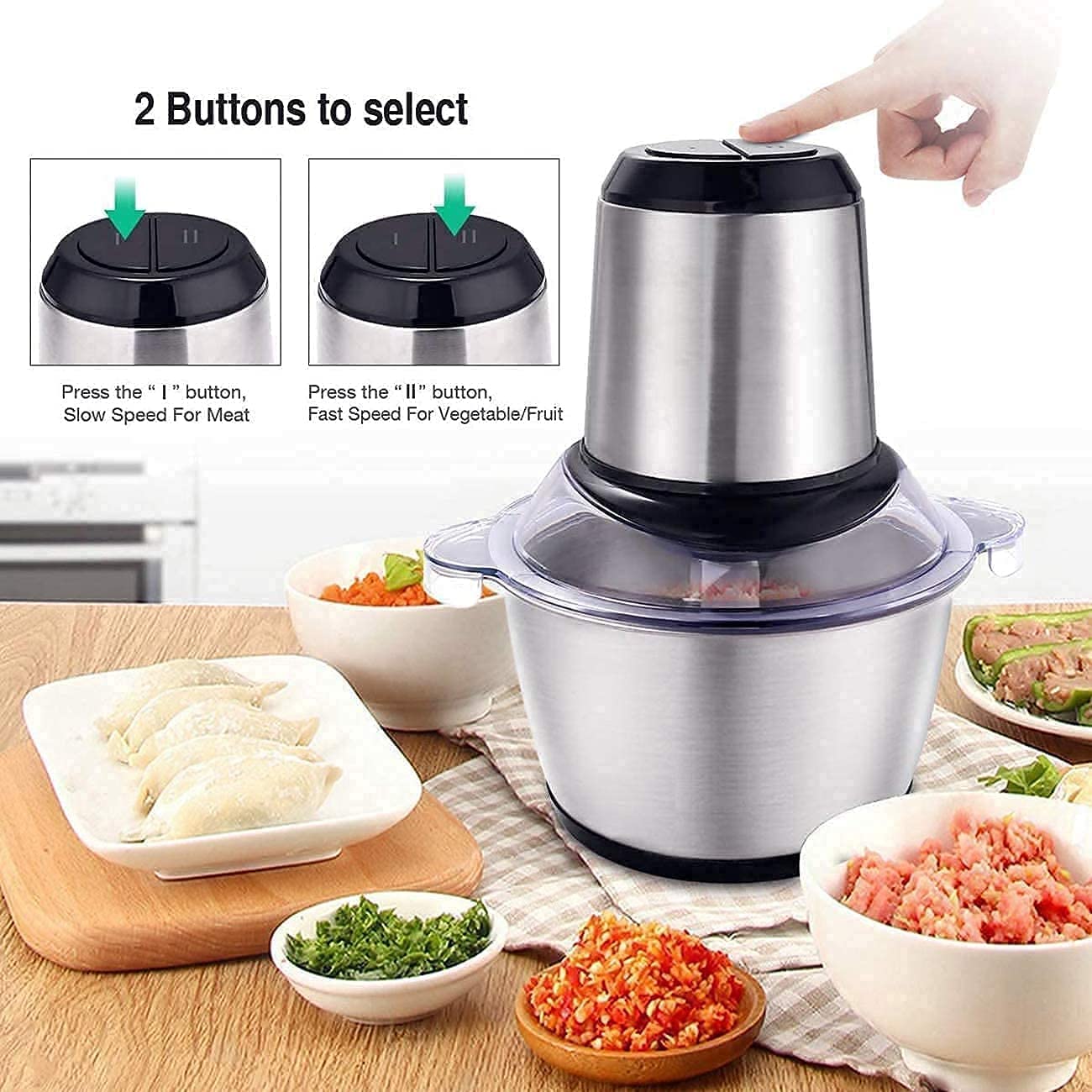 A Person is Pressing The Button Of Extra Power Stainless Steel Electric Meat & Food Grinder.