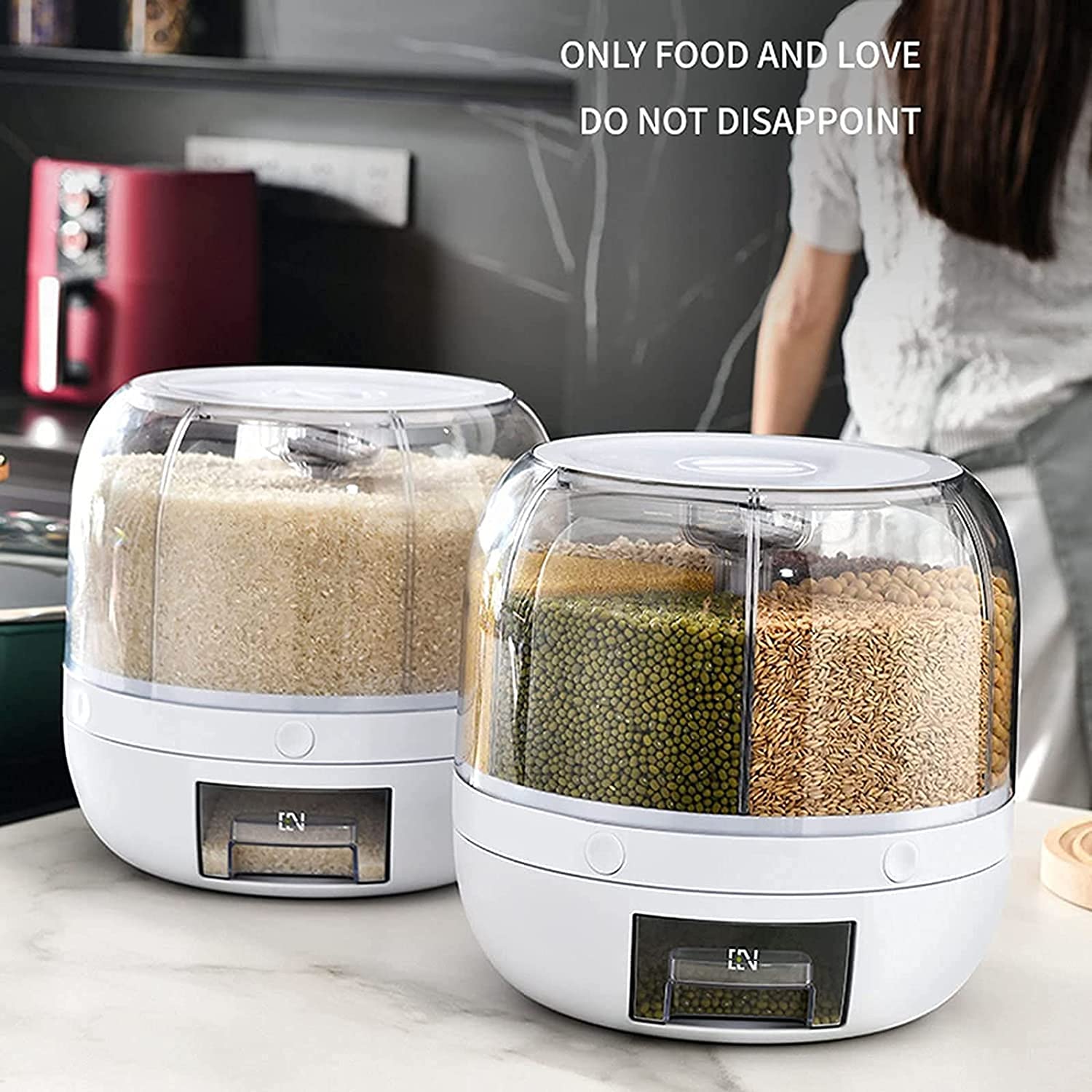 Rotating Rice Dispenser 6-Grids Rice Cereal Grains Storage Container, One-Click Rice Output