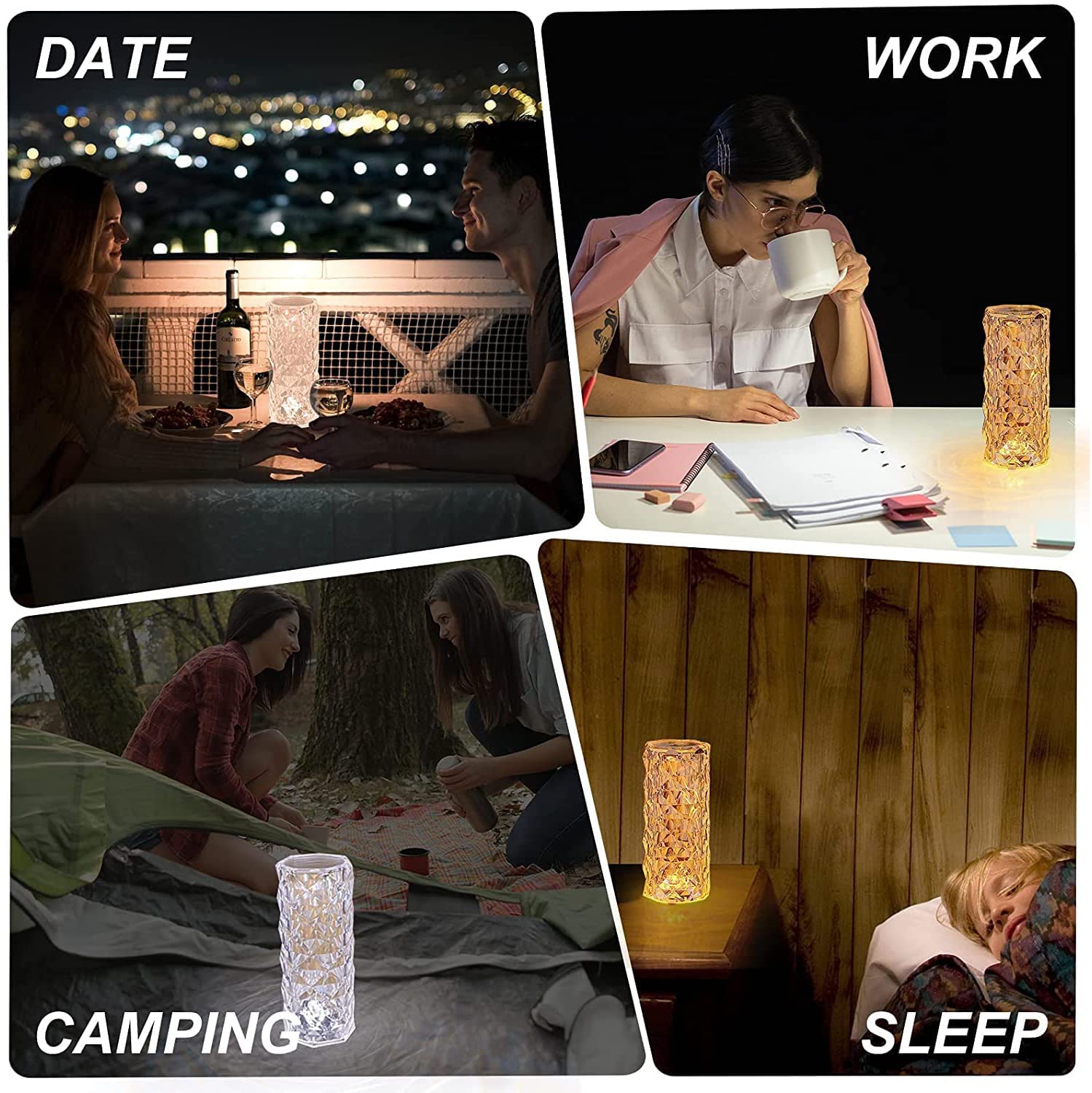 مصباح طاولة بشكل الماس الوردي مع مستشعر اللمس، يعمل كمصباح ليلي، مصباح كريستالي لاسلكي لغرفة النوم أو غرفة المعيشة