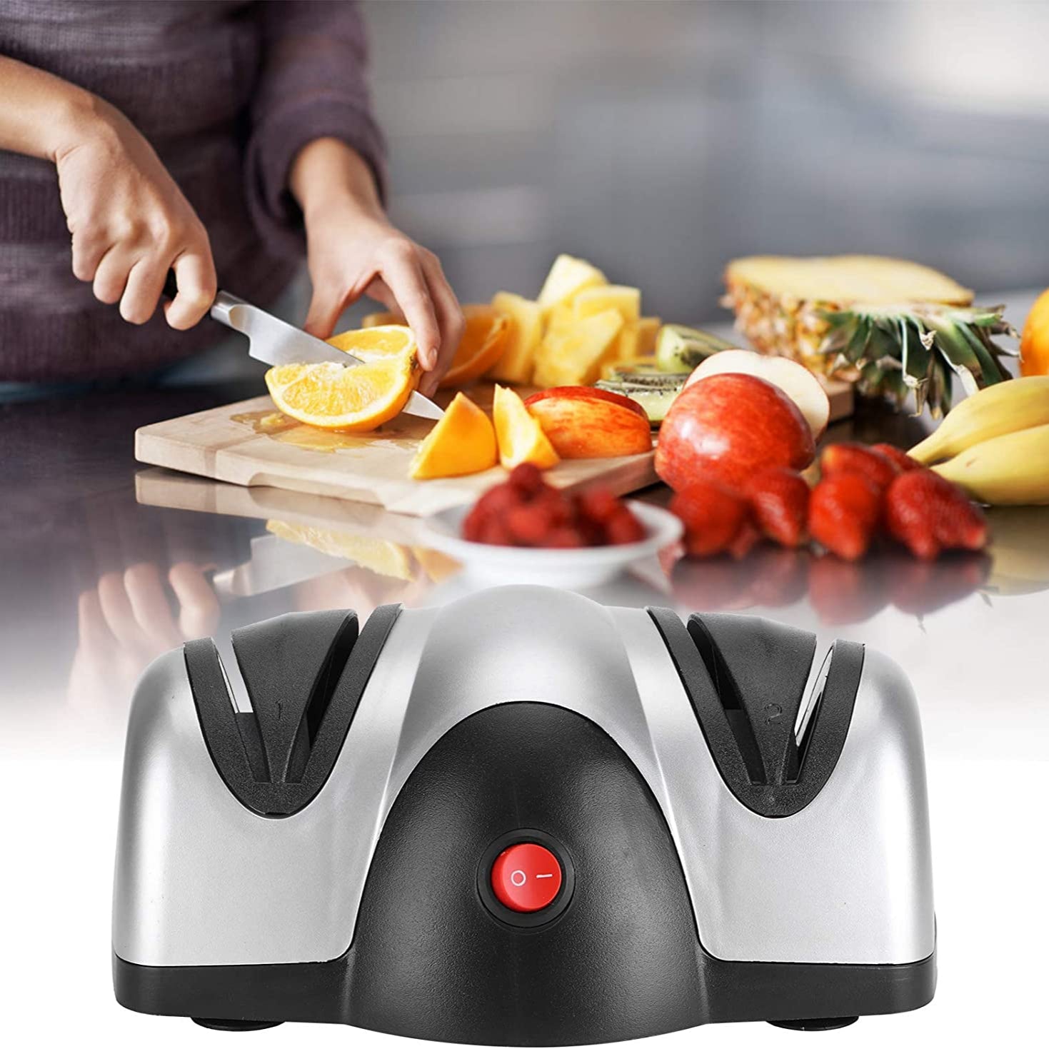 Someone using a knife after sharpening it with the help of a Professional Kitchen Electric Knife Sharpener