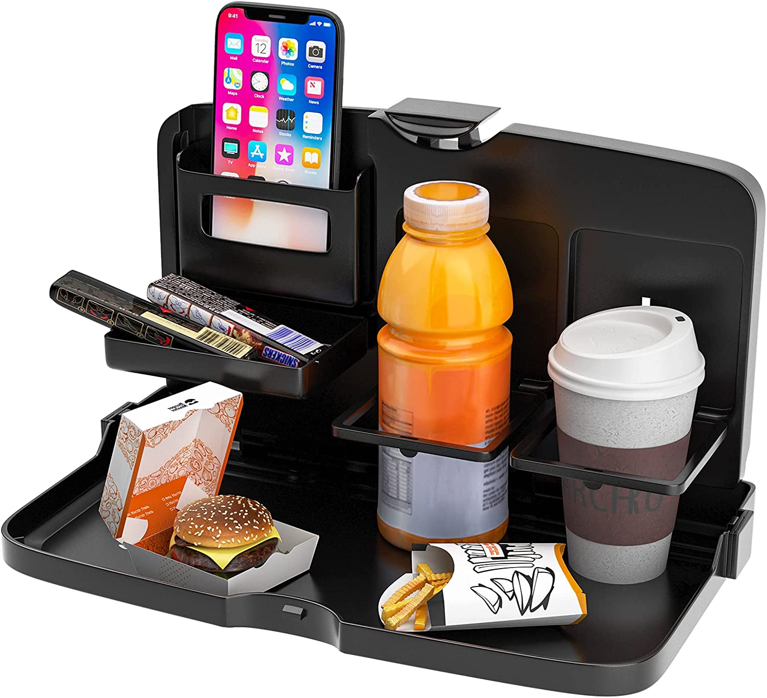 Multi-Functional Portable Foldable Car Seat Dining Tray with some items