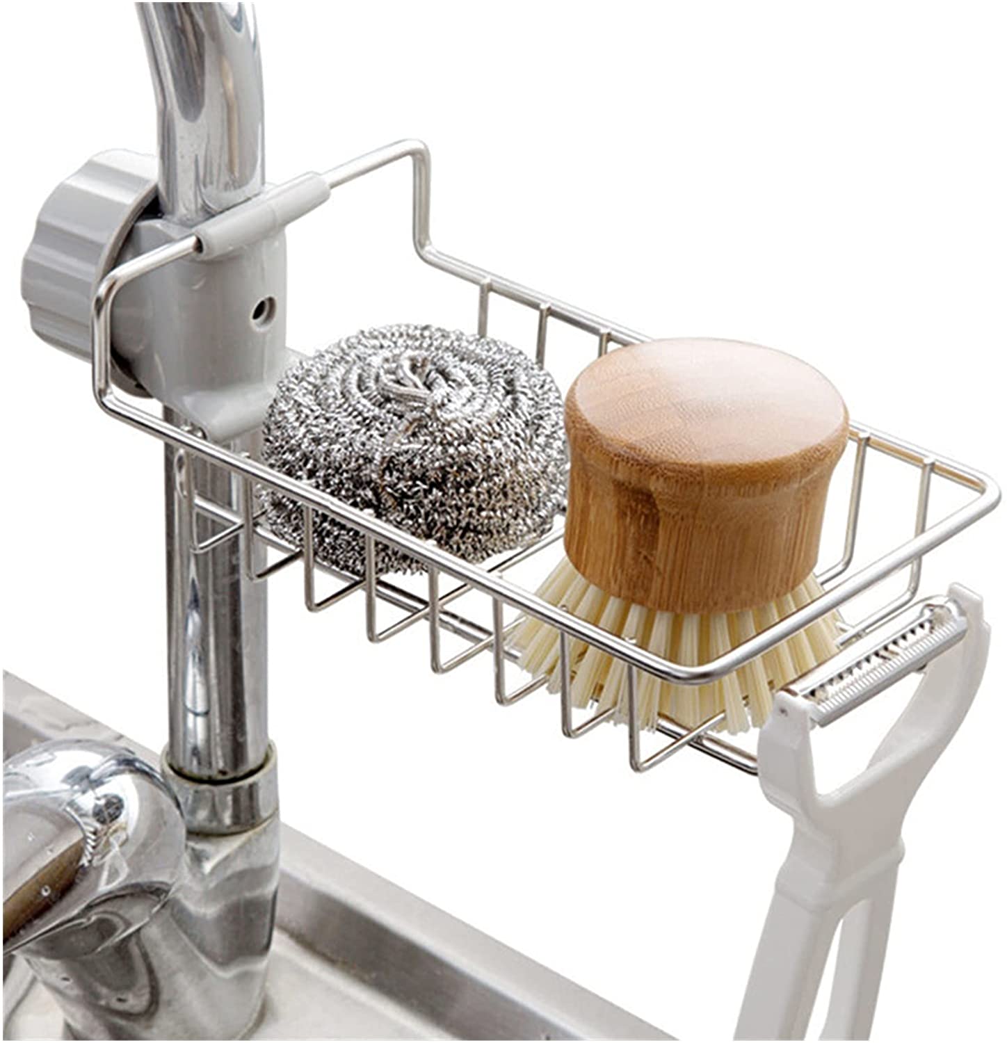 Sponge Holder Sink Organizer Drainer Faucet Hanging Storage Rack with items