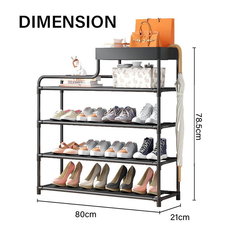 A shoe rack with shoes on it and its size