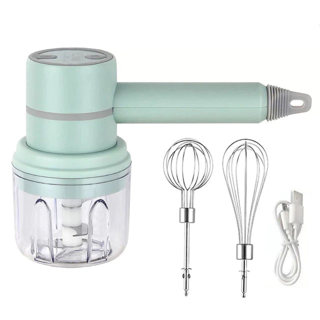 3in1 Wireless USB Garlic Chopper Egg Beater 3-Speed Control Waterproof with 2 Mixing Rods