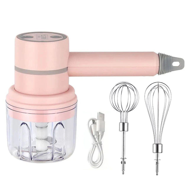 3in1 Wireless USB Garlic Chopper Egg Beater 3-Speed Control Waterproof with 2 Mixing Rods