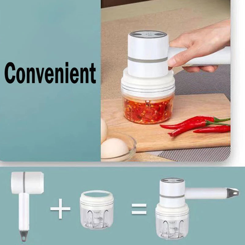 3in1 Wireless USB Garlic Chopper Egg Beater 3-Speed Control Waterproof with 2 Mixing Rods