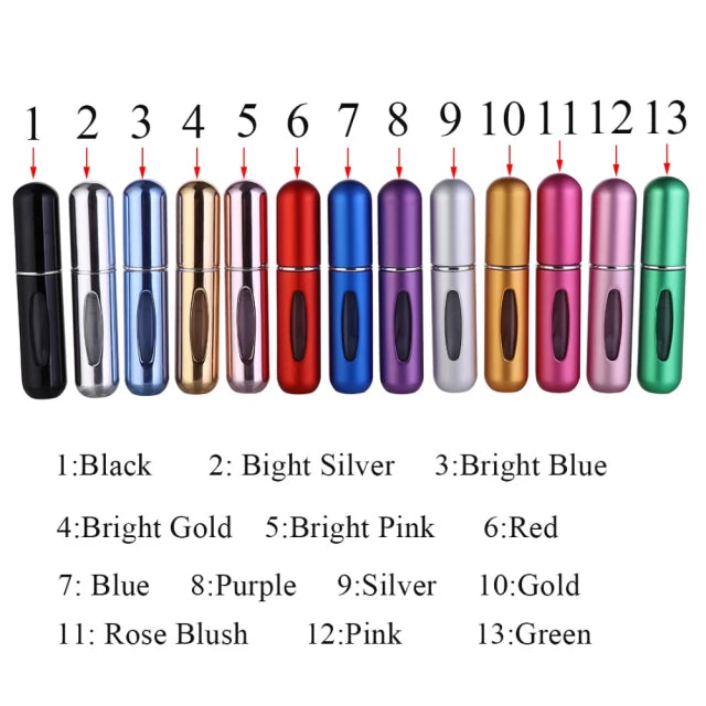 A collection of Mini Perfume Refill Bottle - Pocket Size Perfume Atomize in various vibrant colors, all belonging to the same type, neatly arranged side by side