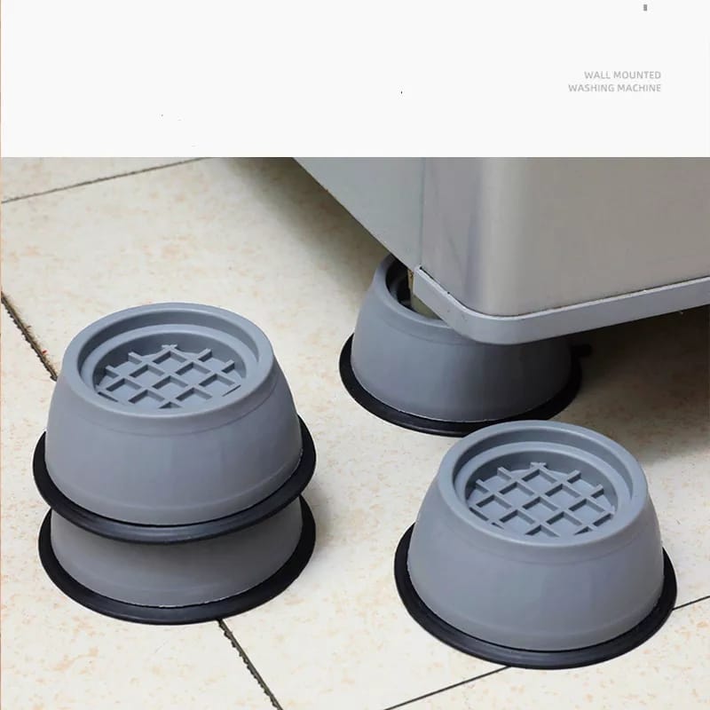 Image displaying four Washing Machine Foot Pads,one installed on a washing machine and the other three kept beside of it
