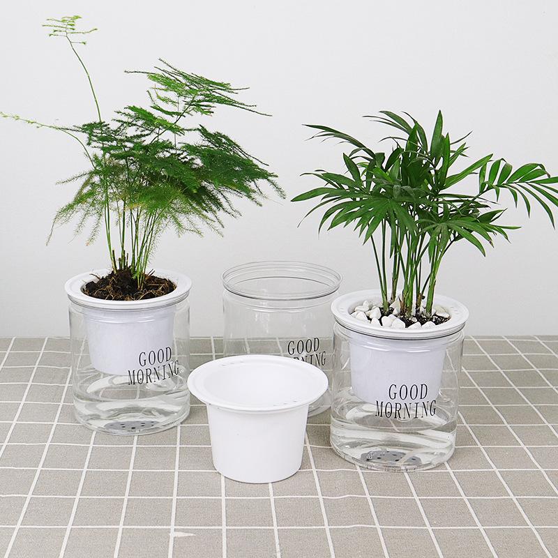 Three Self Watering Indoor Plant Pots, one with lid opened and the other both with plants placed on floor
