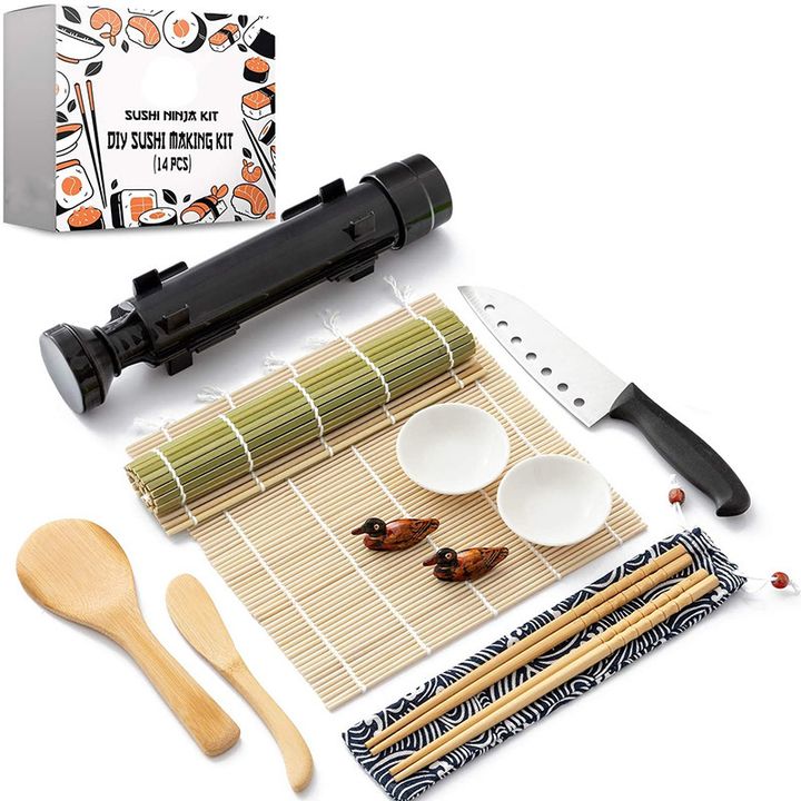 Different parts of the DIY Home Kitchen Instant Sushi Maker Tool are placed next to some items