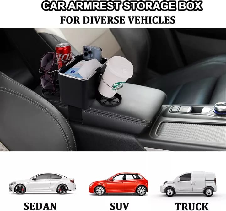 Car Armrest Storage Box with Cup Holder