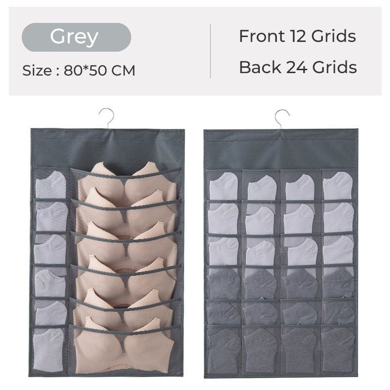 Underwear are organized using 36 Grids Hanging Wardrobe Underwear Organizer - Grey color garments organizer