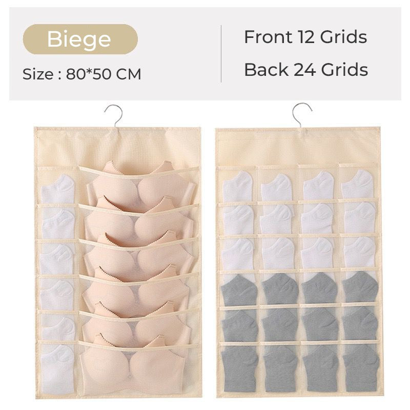 Underwear are organized using 36 Grids Hanging Wardrobe Underwear Organizer - biege color garments organizer