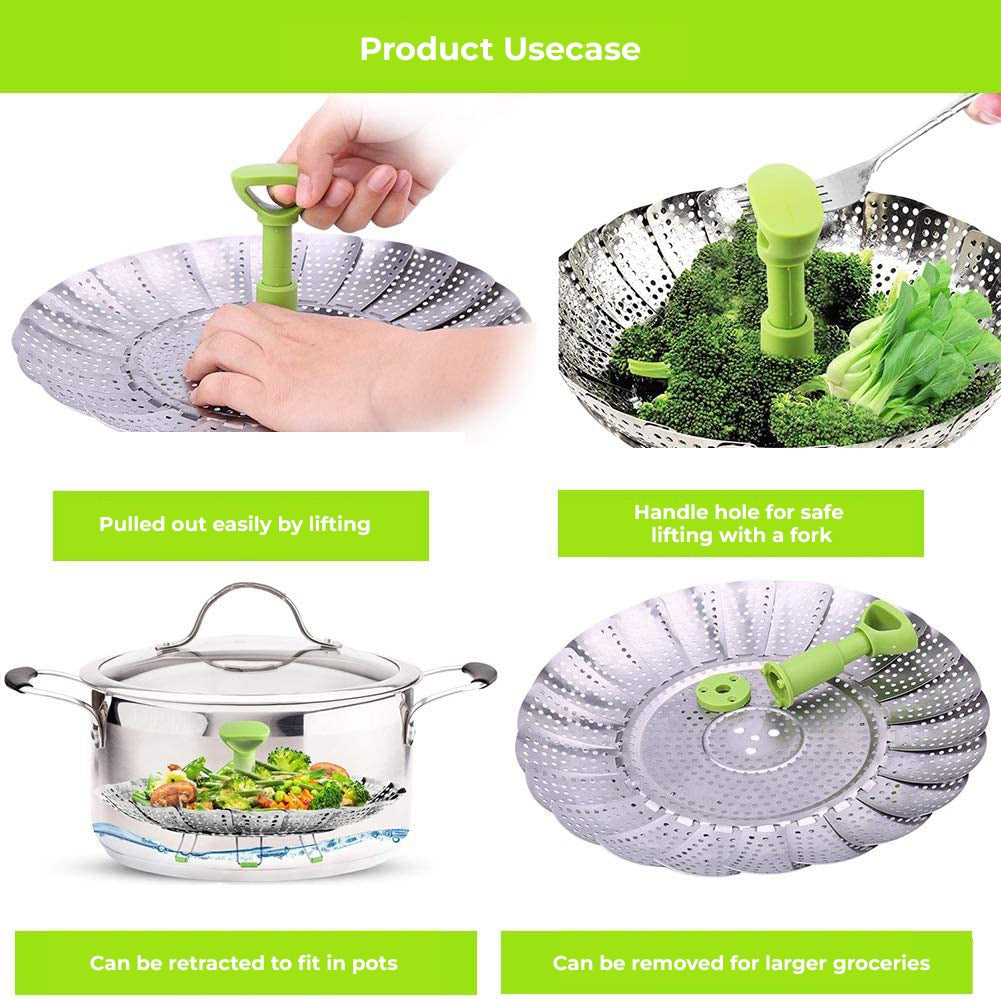 A collage of different types of cooking with the help of the Stainless Steel Foldable Vegetable Steamer Basket