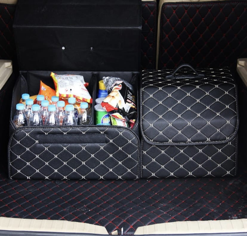 The Trunk Of A Car Features A Stylish Car Trunk Folding Leather Organizer Storage Box