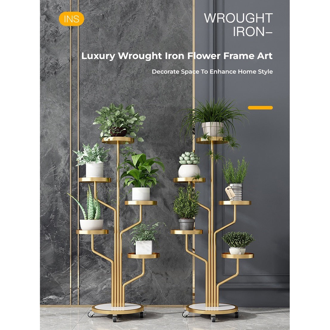 Two Golden color Indoor Plant Stands placed in a room along with plants