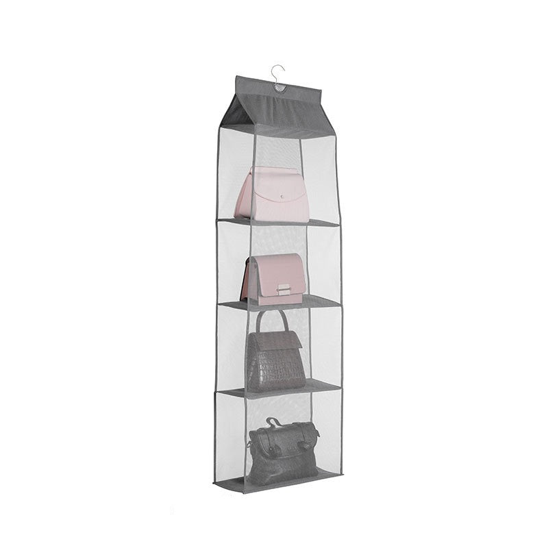 A Multi Layer Hanging Handbag Wardrobe Organizer With Bags On It