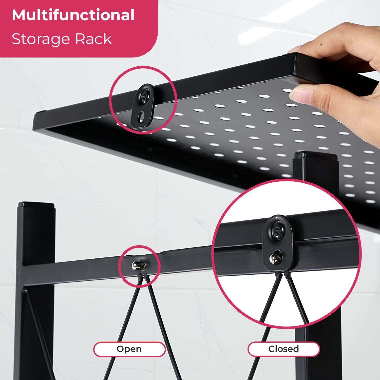 Close-up view of the multi-tier foldable storage rack with movable wheels