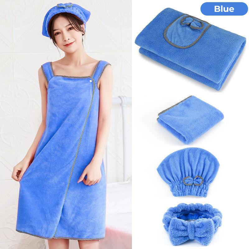 A lady wearing a soft thick microfiber bath towel in blue color