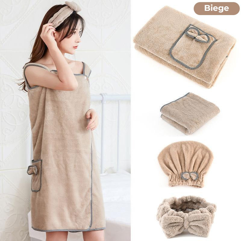 A lady wearing a soft thick microfiber bath towel in biege color