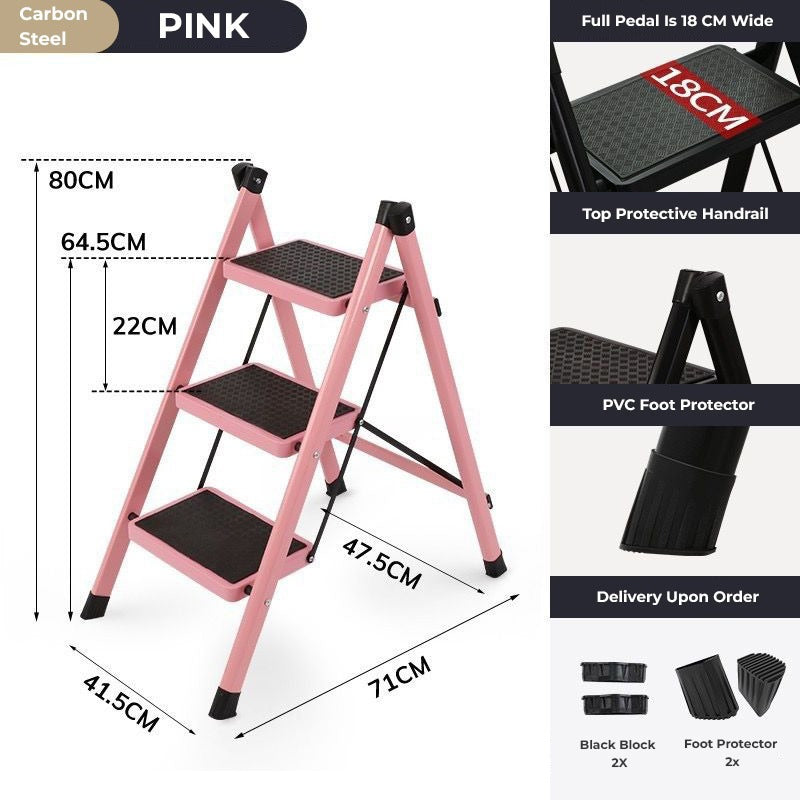 3-Step Stool Ladder with Wide Pedals, Folding Storage Shelf, Load 150 Kg