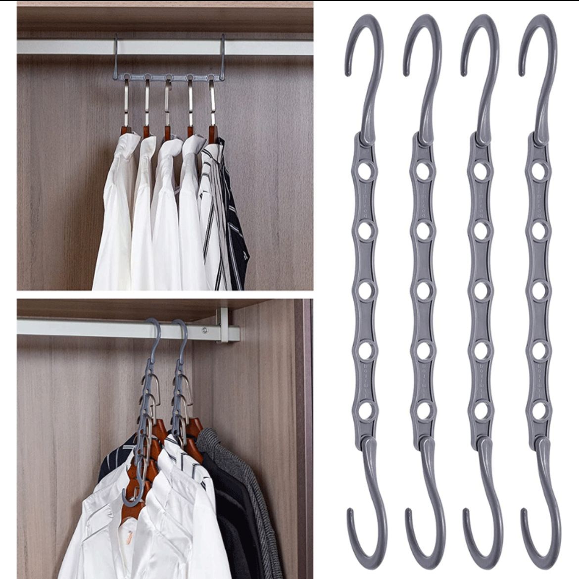 A collection of garments hanging on Multifunctional Adjustable Hook Cloth Hanger, organized on a rack