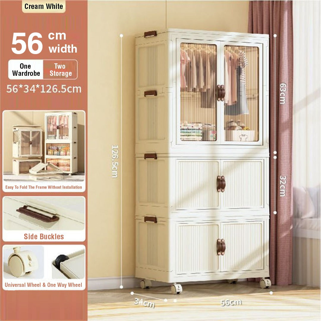 Portable folding storage cabinet with wheels placed on the floor in front of the wall with its size