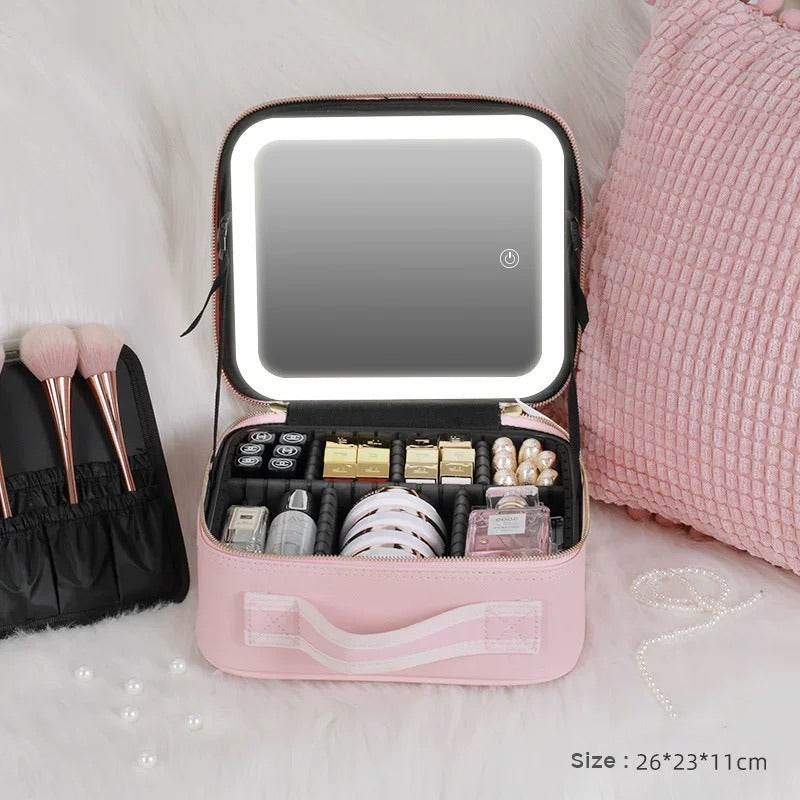 Portable Travel Makeup Cosmetic Organizer Bag in pink color