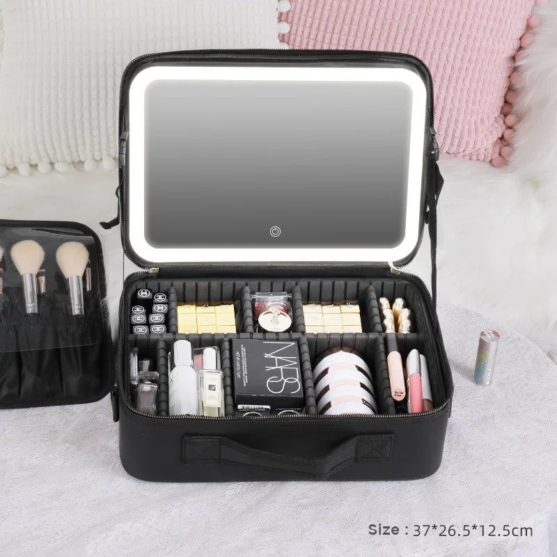 Portable Travel Makeup Cosmetic Organizer Bag with LED Mirror with some items in it