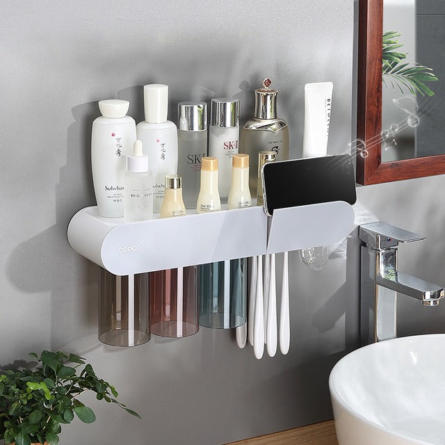 ECOCO Wall Mount Magnetic Adsorption Toothpaste Squeezer Toothbrush Holder with Cup