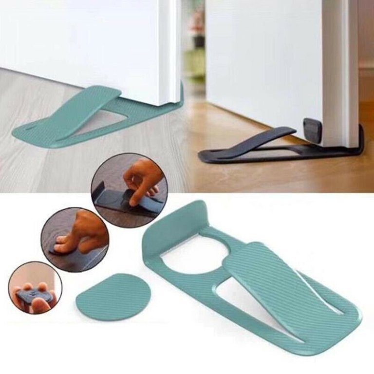 Collage image displaying two wooden doors being held by two Innovative Door Stopper in different colors