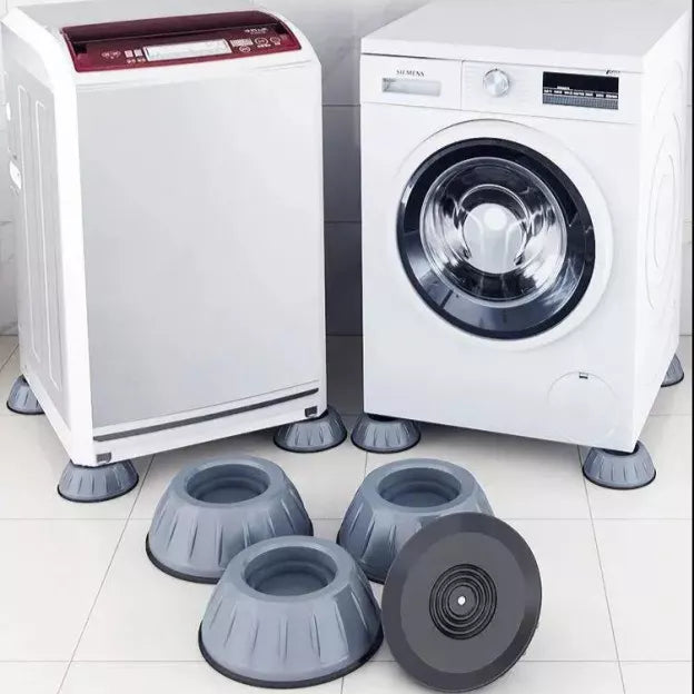 Washing Machine Foot Pads installed on two different models of washing machine and four placed separately on floor