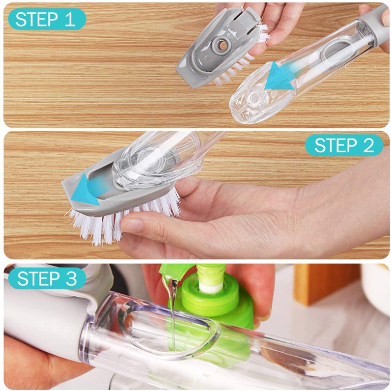 Visual instructions on how to use a Soap Dispensing Dish Brush