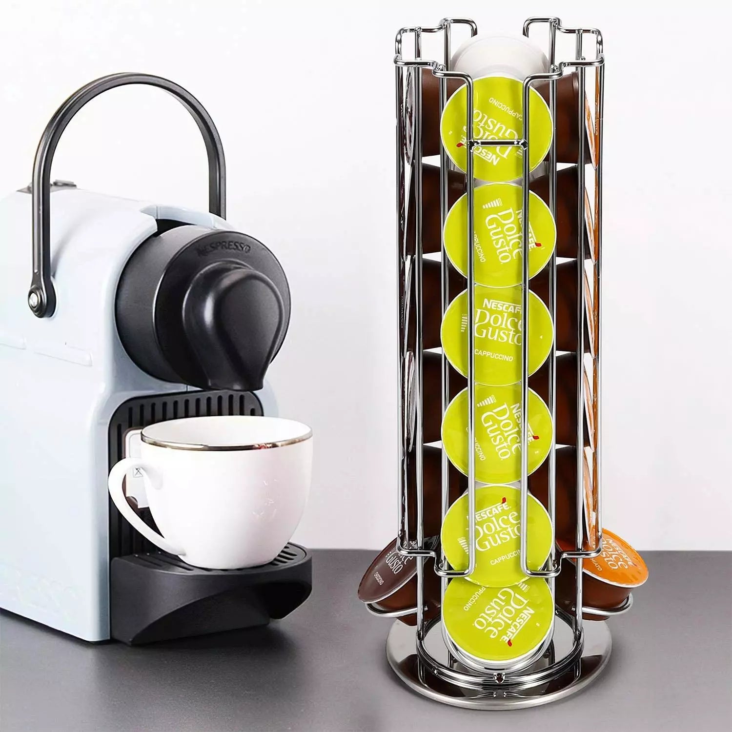 24 Coffee Pod Holder - Rotating Chrome Tower Storage Stand for Coffee Capsules