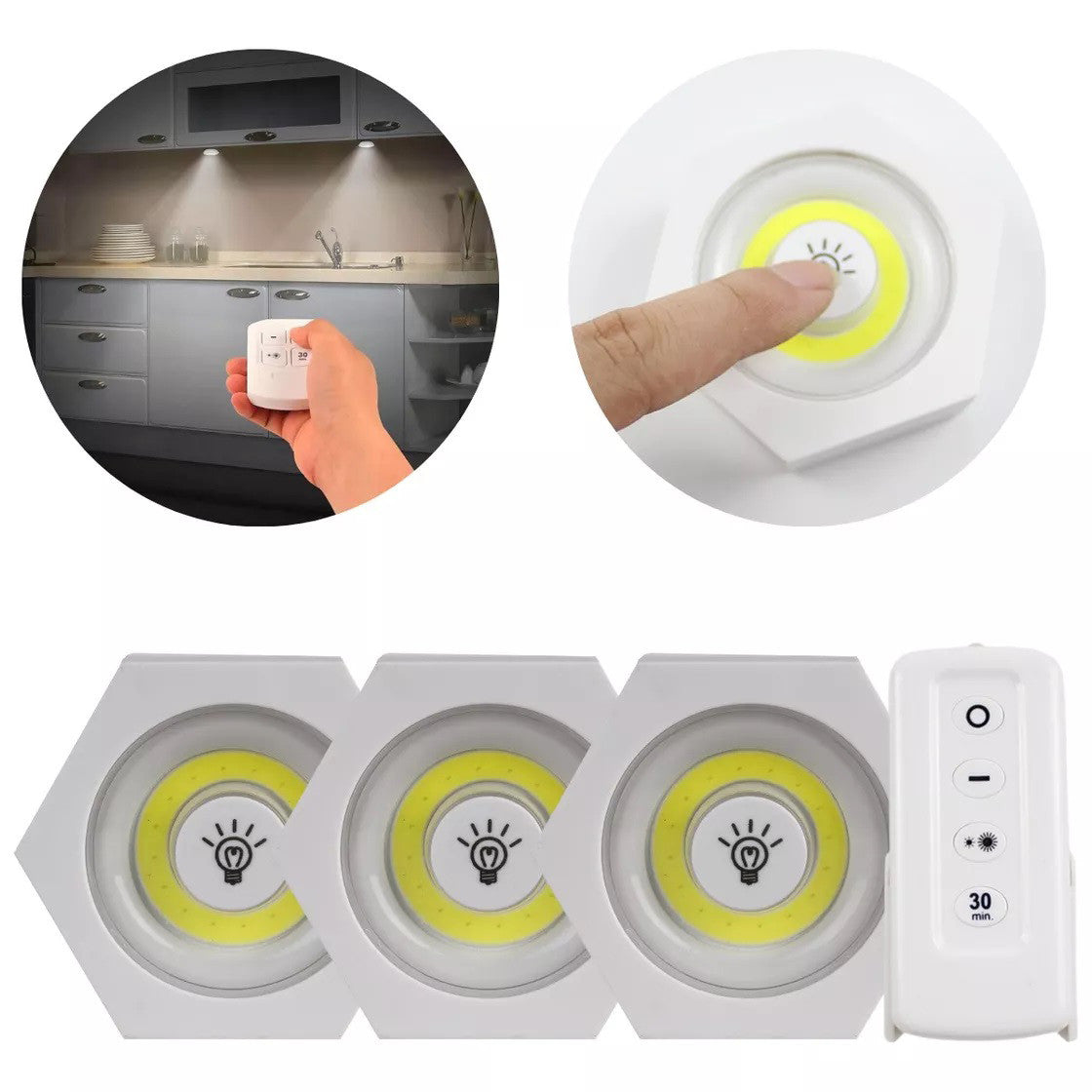 Someone is turning on Dimmable LED Under Cabinet Light with the help of the remote control