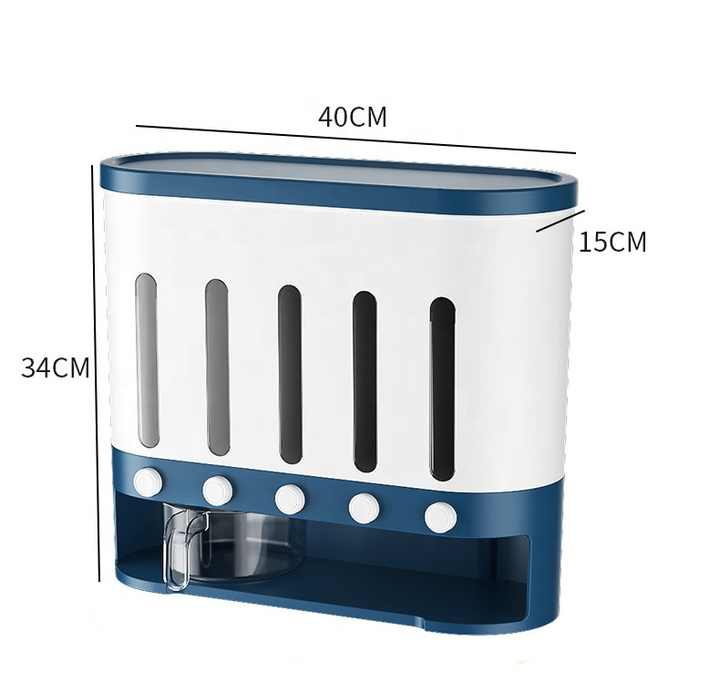 Wall Mounted 5-Grid Dry Food Dispenser with its size