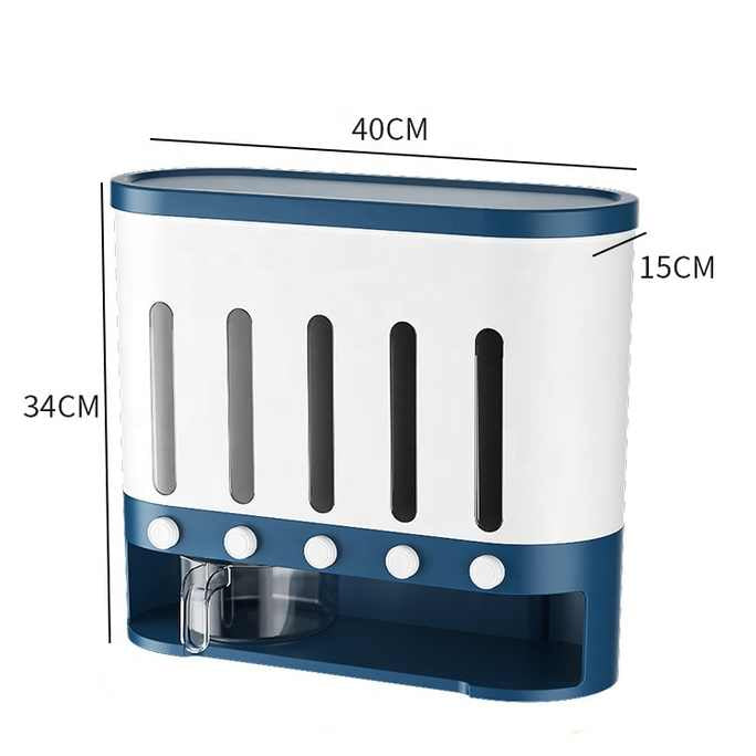 Wall Mounted 5-Grid Dry Food Dispenser - 10L Cereal and Rice Storage C