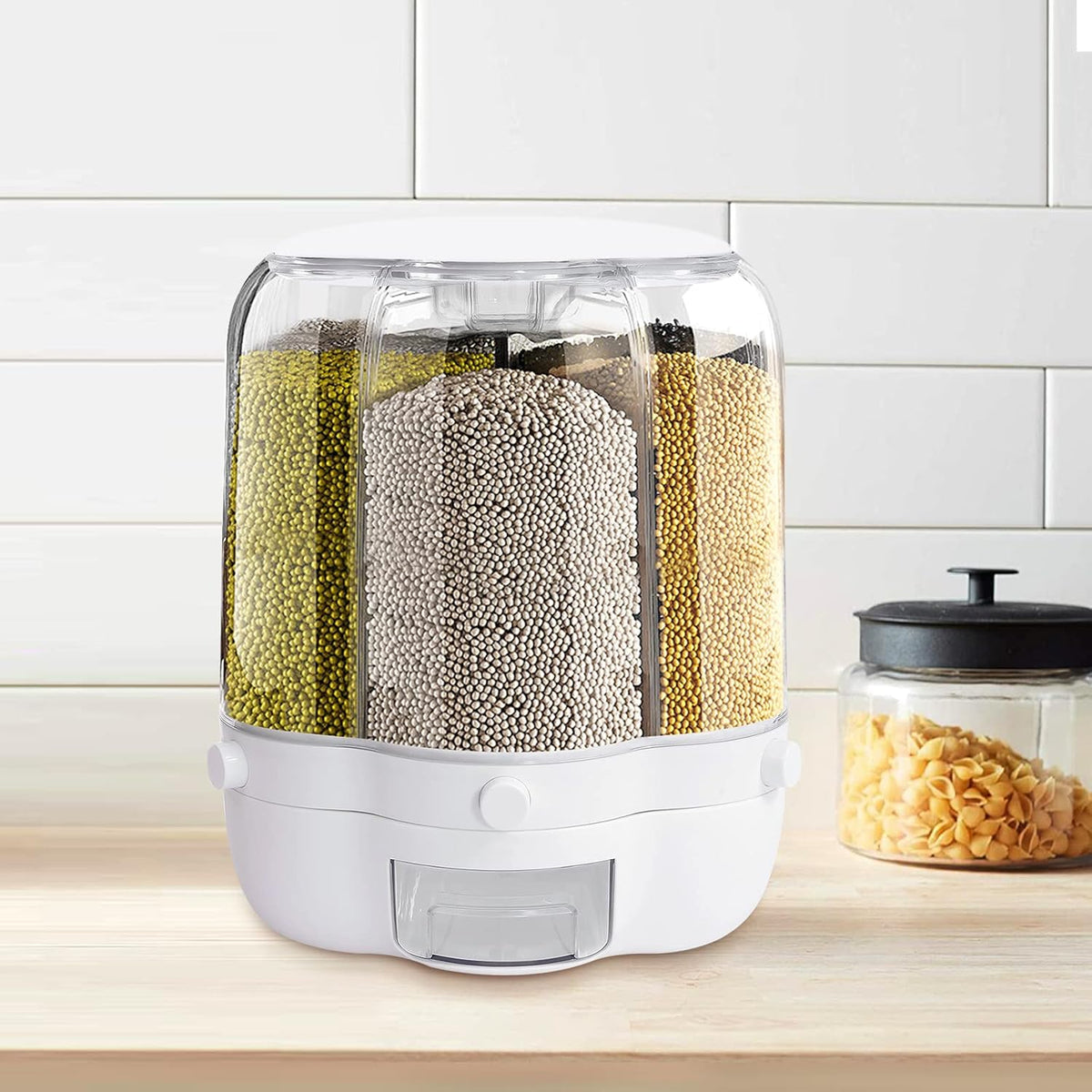 10L Rotating Rice Barrel Multi-Grain Storage Container with compartments filled with different types of grains on a kitchen counter.