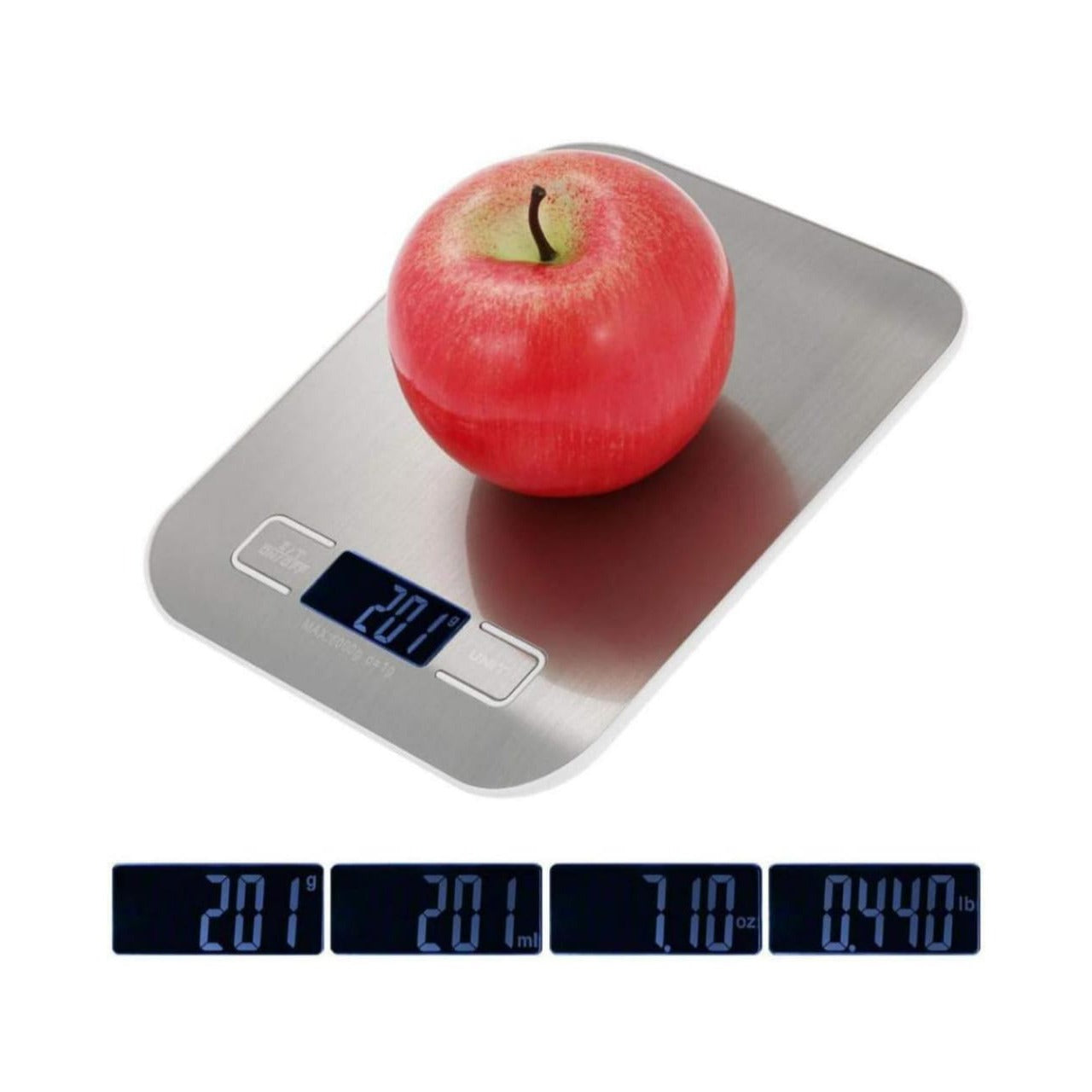 A 10 Kg/ 22 lbs Stainless Steel Digital Kitchen Food Scale with Apple.