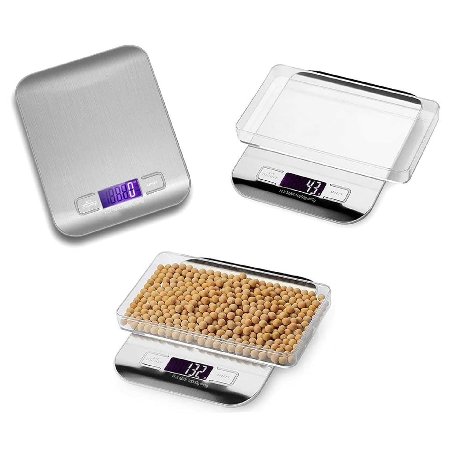 10 Kg/ 22 lbs Stainless Steel Digital Kitchen Food Scale with a Container of Food.
