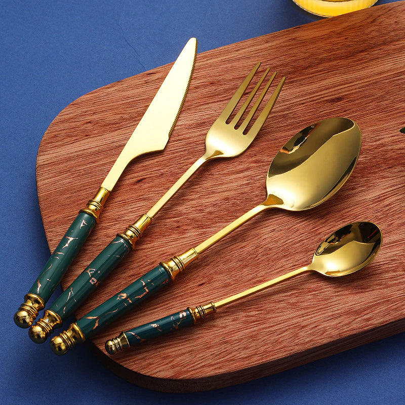 24 Pcs Ceramic Handle Tableware Cutlery Set, Stainless Steel Dinnerware Knives Forks Spoon Flatware